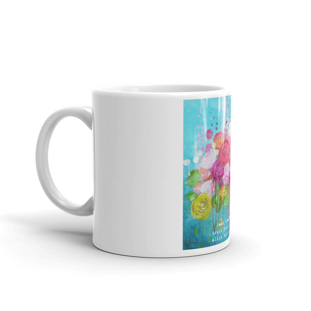 Mug "lean towards joy, trust your intuition, align with your soul"